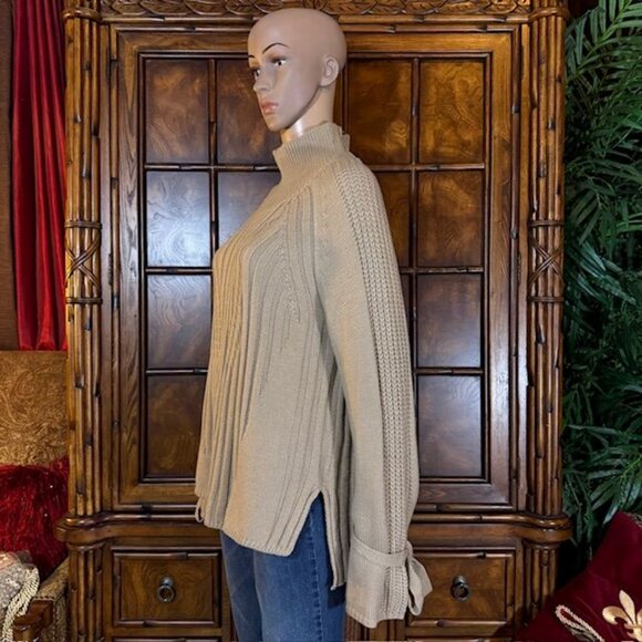 NWOT Bodilove Khaki Tan Cotton Blend Modern Cable Knit Tie Bow Sleeve Sweater - Picture 3 of 16